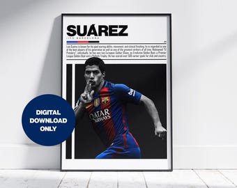 Plakat Luisa Suareza z motywem piłkarskim FC Barcelona, grafika ścienna do pobrania w wersji cyfrowej — wydruk piłkarski FC Barcelona, nowoczesne dekoracje sportowe, prezent piłkarski