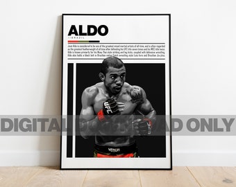 May include: Black and white illustration of a mixed martial arts fighter, Jose Aldo, wearing red and black gloves and black shorts with a white "VENUM" logo. The image is framed in black and white with the text "ALDO / BRAZIL" and a biography of the fighter.