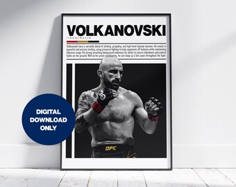 May include: Black and white poster featuring a mixed martial arts fighter, Alexander Volkanovski, in a fighting stance. The poster has the text "Volkanovski" in bold white letters and "IIAUSTRALIA" in smaller white letters. The poster also includes the text "UFC" in white letters on a black background.