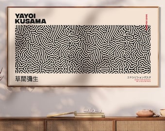 Poster con stampa artistica Yayoi Kusama, grande mostra Yayoi Kusama, arte giapponese, poster Kusama, reti Yayoi Kusama, poster nero – R63