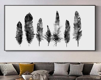 Abstract Feather Black and White Wall Art Print Poster, Large Modern Feather Nordic Painting Minimalist Living Room Decor -R4