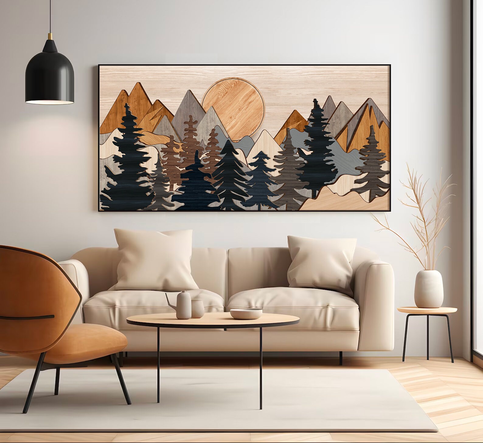 Elevate Your Space With Large Wood Effect Mountain Wall Art, Modern