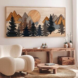 Elevate Your Space With Large Wood Effect Mountain Wall Art, Modern