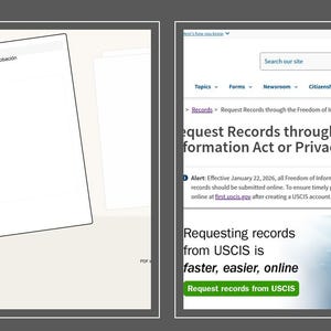 以下が含まれることがあります： 画像には2つのデジタルディスプレイが表示されています。1つは「Documento: Lista de comprobación」というタイトルのテキストを含むドキュメントを表示しています。もう1つは「Request Records through the Freedom of Information Act or Privacy Act」というテキストを含むウェブページを表示しています。