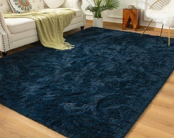 Navy Blue Shaggy Rug-Size: 8×5 ft.Fluffy Rug,Soft Rug,Area Rug,Thick Soft Carpet,Luxury Home Decor,Living Room Rug,Bedroom Rug,Large AreaRug