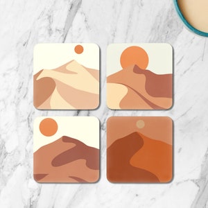 Boho Sunset Coasters | Set of 4 | Cute Coasters | Minimalist Neutral | Earth Colours | Cork Coaster | Housewarming Gift | Gift For Her