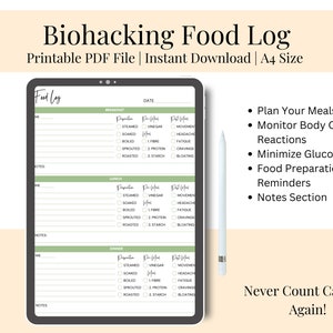 May include: A digital printable food log template for biohacking. The template is designed for tracking meals, food preparation reminders, and body changes. The template is in a digital format and can be downloaded instantly. The template is A4 size.