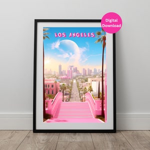 Impresión de la ciudad de Los Ángeles / Decoración de la habitación rosa / Arte de la pared rosa / Cartel rosa / Lugares de viaje / Viajes mundiales / Descarga digital / Arte de moda