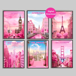Bundle City Prints | Décor de chambre rose | Art mural rose | Affiche rose | Lieux de voyage | Voyage dans le monde | Téléchargement numérique | Décor de dortoir