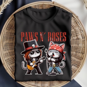 Paws N Roses Cat Band T-Shirt Funny Rock Music Graphic Tee, Cute Guitar & Singer Cats Shirt, Retro Rock Band Parody Gift for Cat Lovers