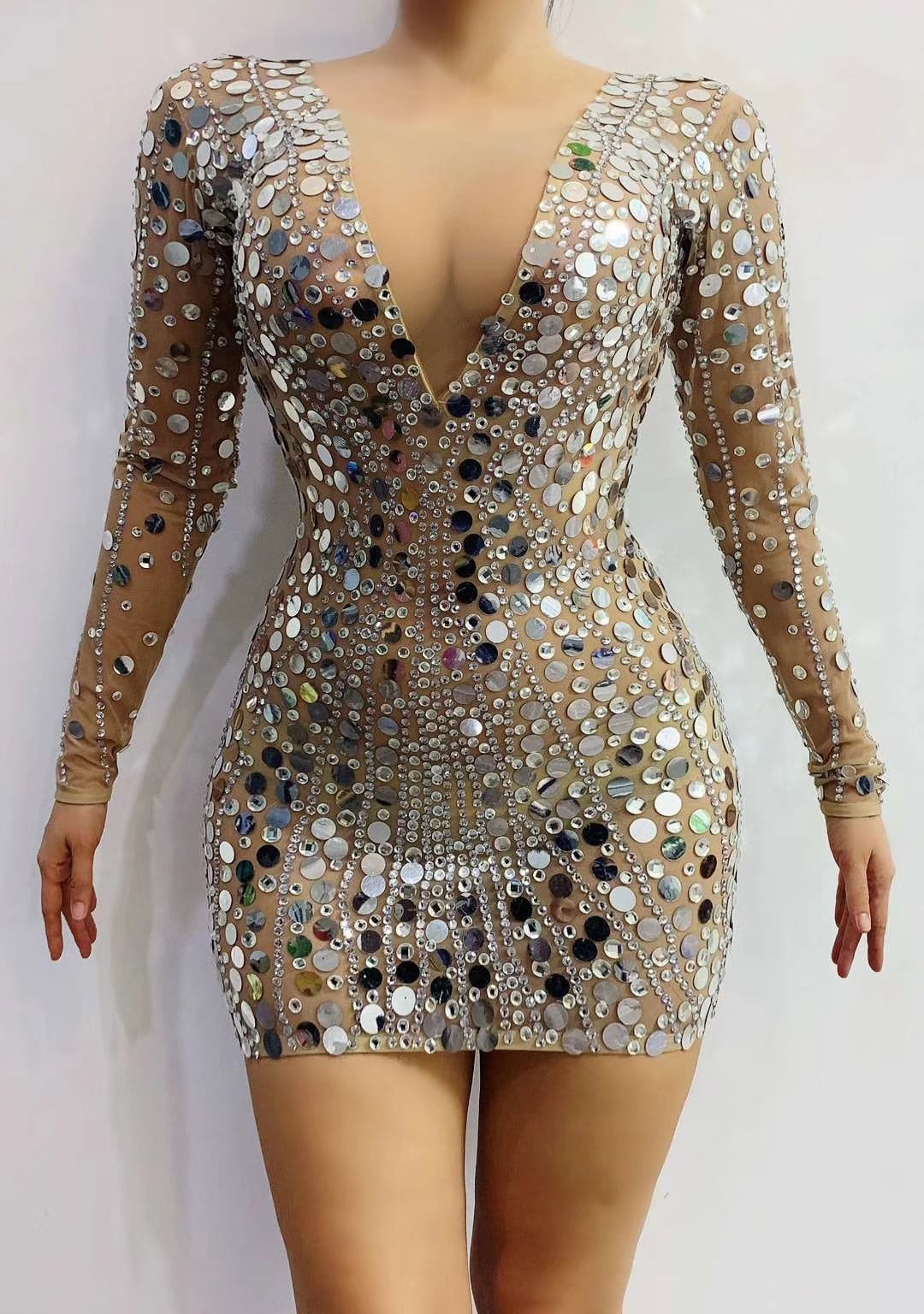 Mirror Sequins Glitter Cocktail Sheath Dress Ladies Stage Wear Birthday
