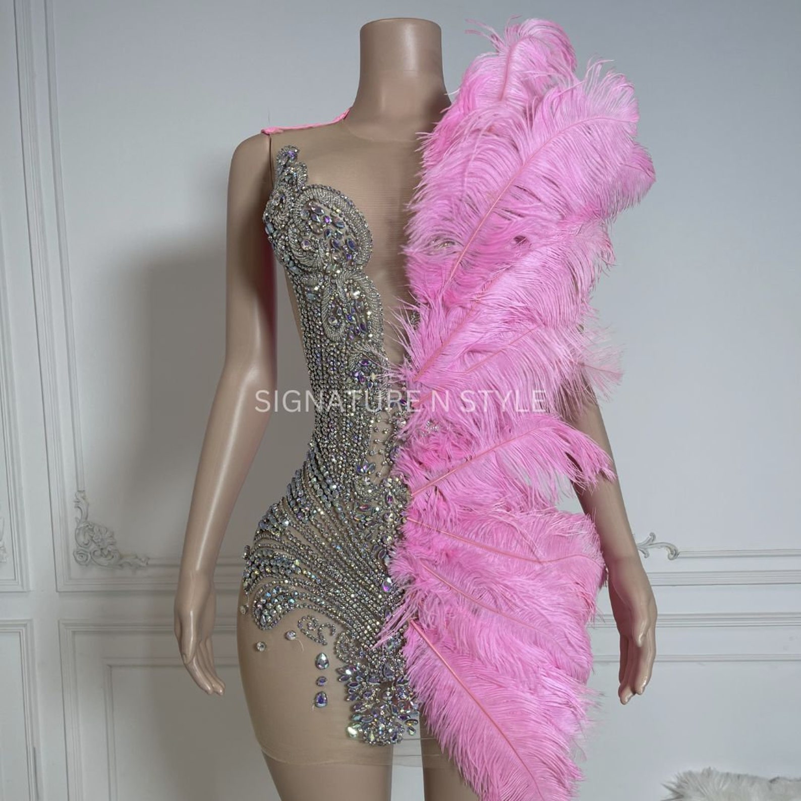 Ostrich Feather Deep V Bodycon Party Dress