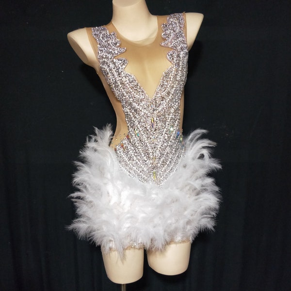 See Through Mesh Sequins Rhinestones Feather Dress Club Mini Dress Women Show Stage Dance Costume Performance Outfit Party Dress Sparkly