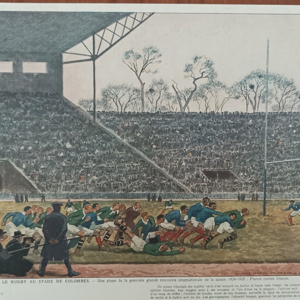 Gravure originale - Le Rugby au Stade de Colombes - Georges Leroux 1924 - 33 x 24 cm