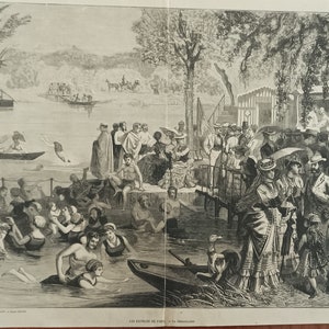 Incisione originale PARIGI - I dintorni di Parigi - La Grenouillère - 1873 - 47 x 32 cm