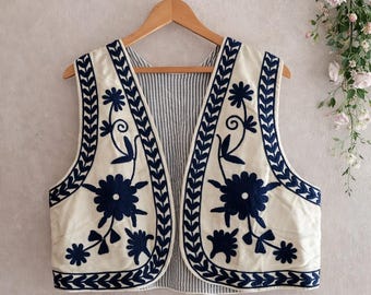 Handgeborduurd katoenen hemd voor dames | Boho mouwloos etnisch jack