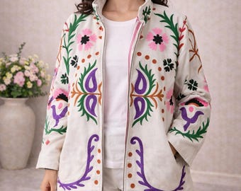 Handmade Floral Embroidered Cotton Jacket | Boho Folk Art Summer Wear