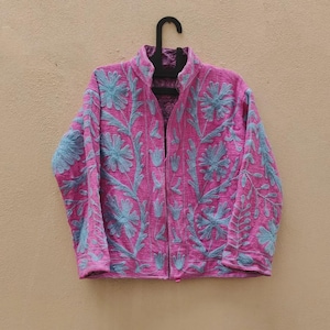 Pink Handmade Suzani Embroidery Jacket, Winter Wear Jacket Coat, Womens Coat, Suzani Short Jacket, TNT Fabric Suzani Jacket, Robe