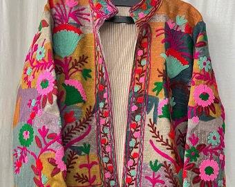 Embroidered Suzani Jacket: Handwoven Boho Bomber, Free Size