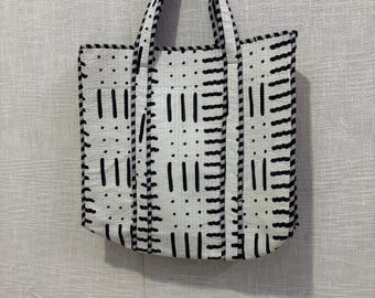 Borsa Tote Indiana Trapuntata Fatta A Mano In Cotone - Grande, Stampa Tigre, Arancione