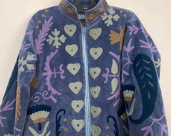 Hand Embroidered Velvet Jacket | Folk Floral Boho Statement Coat, Festival Wear