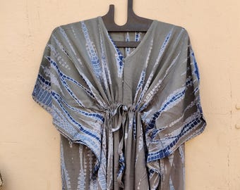 Hand-Dyed Cotton Kaftan Maxi Dress: Dark Grey Tie Dye Boho Cover Up
