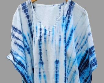 Tie Dye Cotton Caftan Dress: V-Neck Kimono Maxi