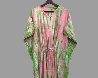 Pink Tie Dye Cotton Kaftan Maxi Dress, V-Neck