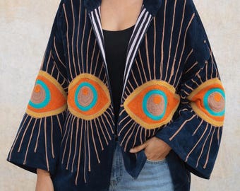 Handmade Evil Eye Velvet Jacket, Boho Embroidered Coat, Oversized Statement Jacket, Turkish Eye Festival Wear, Artistic Streetwear Gift.