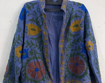 Handmade Boho Floral Embroidered Jacket, Cotton Open Front