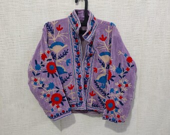 Handmade Velvet Suzani Jacket, Embroidered Short Coat