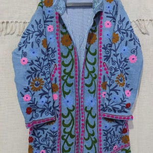 Handmade Suzani Embroidery long Jacket, Winter Wear Jacket Coat, Womens Coat, Suzani Short Jacket, TNT Fabric Suzani Jacket, Robe,