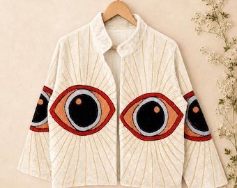 White Velvet Embroidered Jacket, Evil Eye Suzani Style Coat, Boho Statement Outerwear