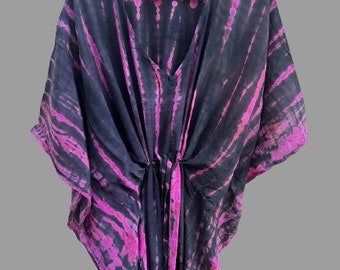 Handmade Tie Dye Cotton Kaftan, Adjustable V-Neck Boho Dress