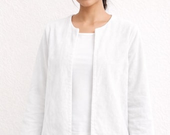 White Velvet Open Front Jacket, Minimalist Blazer, Soft Custom Size Coat