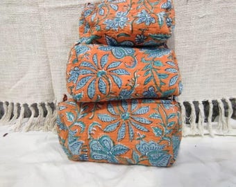 Block Printed Cotton Quilted Makeup Bag: Handmade Toiletry Pouch