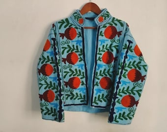 Vintage Embroidered Cotton Jacket, Sky Blue Pomegranate Design
