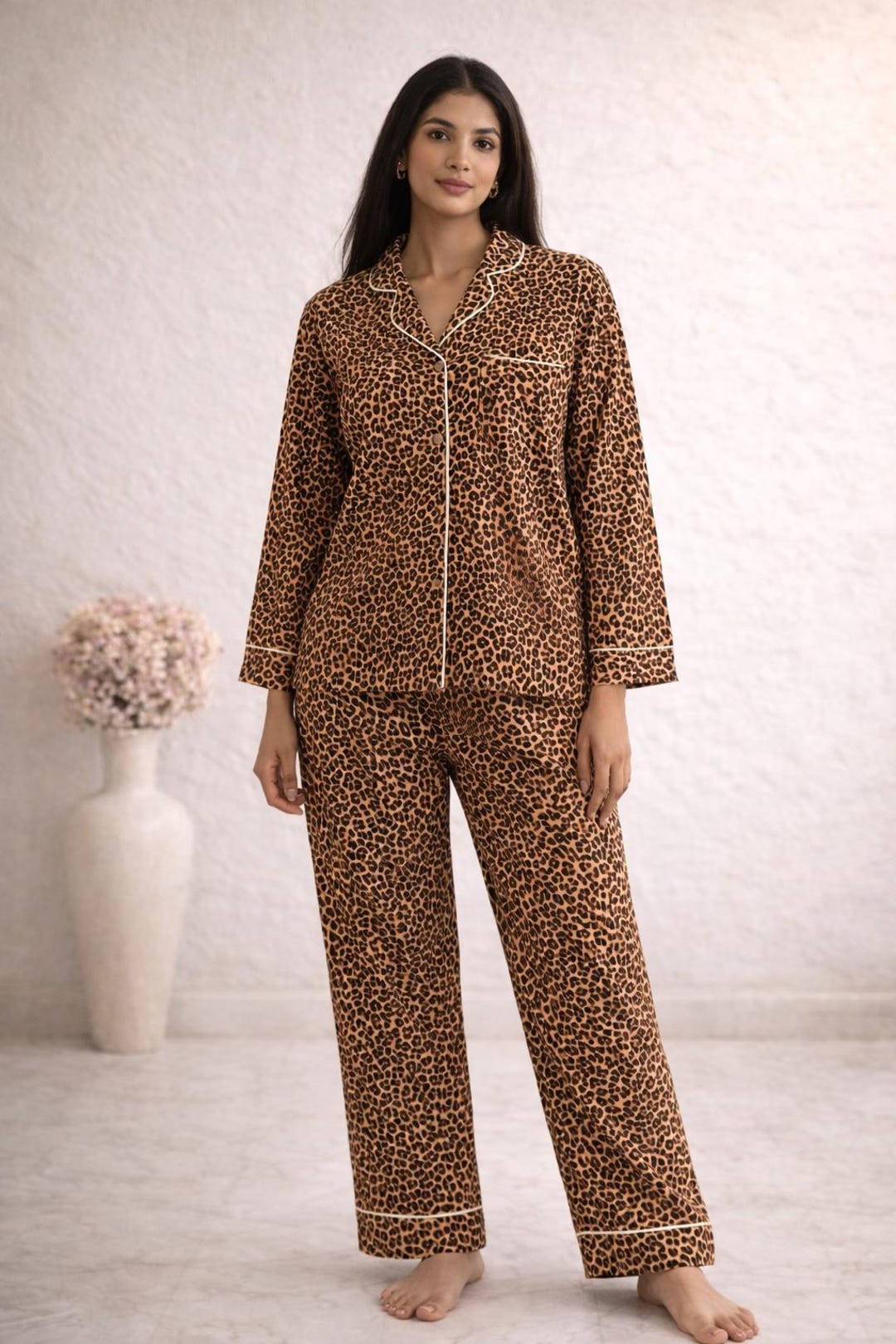 Leopard Print Cotton Pajama Set | Soft Animal Lounge Sleepwear - Etsy