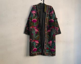Embroidered Suzani Jacket: Handwoven Robe , Handmade Suzani Long coat, Free Size