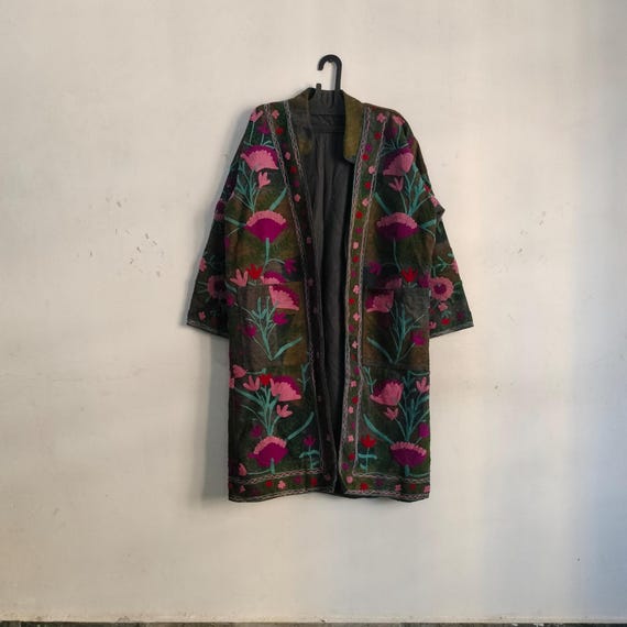 Embroidered Suzani Jacket: Handwoven Robe , Handmade Suzani Long coat, Free Size