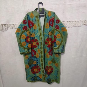 Handmade Suzani Embroidery long Jacket, Winter Wear Jacket Coat, Womens Coat, Suzani Short Jacket, TNT Fabric Suzani Jacket, Robe,