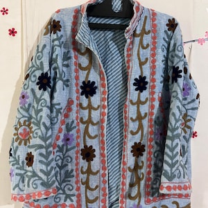 Handmade Suzani Embroidery Jacket, Winter Wear Jacket Coat, Womens Coat, Suzani Short Jacket, TNT Fabric Suzani Jacket, Robe, Gift For Her