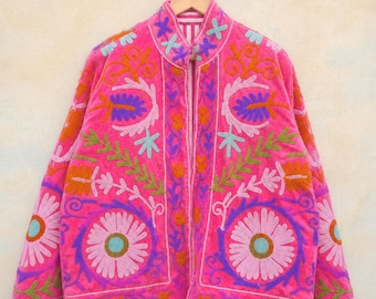 Pink Velvet Embroidered Jacket | Boho Kashmiri Floral Women's Coat