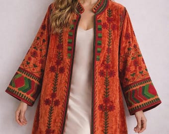 Hand Embroidered Long Velvet Coat | Luxury Valentine Gift Jacket for Women