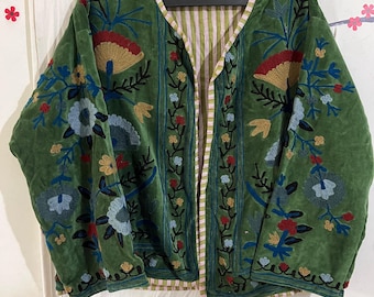 Embroidered Suzani Velvet Bomber Jacket: Handwoven Boho Coat