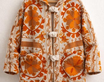 Hand Embroidered Suzani Jacket, Vintage Floral Cotton Boho Ethnic Outerwear