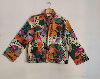 Embroidered Suzani Jacket: Handwoven Boho Bomber, Free Size