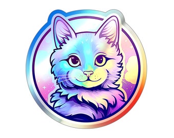 Kosmische Fantasy Katze Holographischer Aufkleber: Hellindigo und Magenta - Eine Mischung aus realistischen und fantastischen Elementen für Fans von lebhafter Kunst!