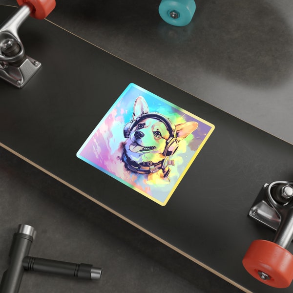 Space Corgi Holographic Sticker: Headphone Wearing Dog in Cosmic Art - Vibrant Synthpunk Decal for Music & Sci-Fi Fans