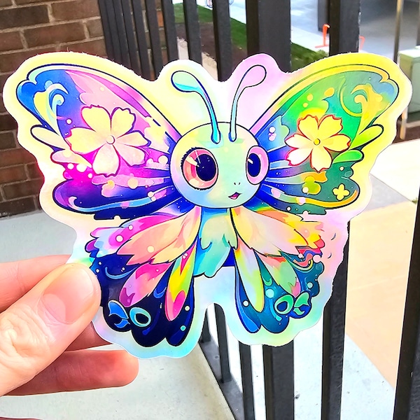 Vinyl Holographic Sticker - Bloomer, The Petal Poet: Nature's Serene Butterfly, Ideal for Meadow Wanderers & Flower Enthusiasts!